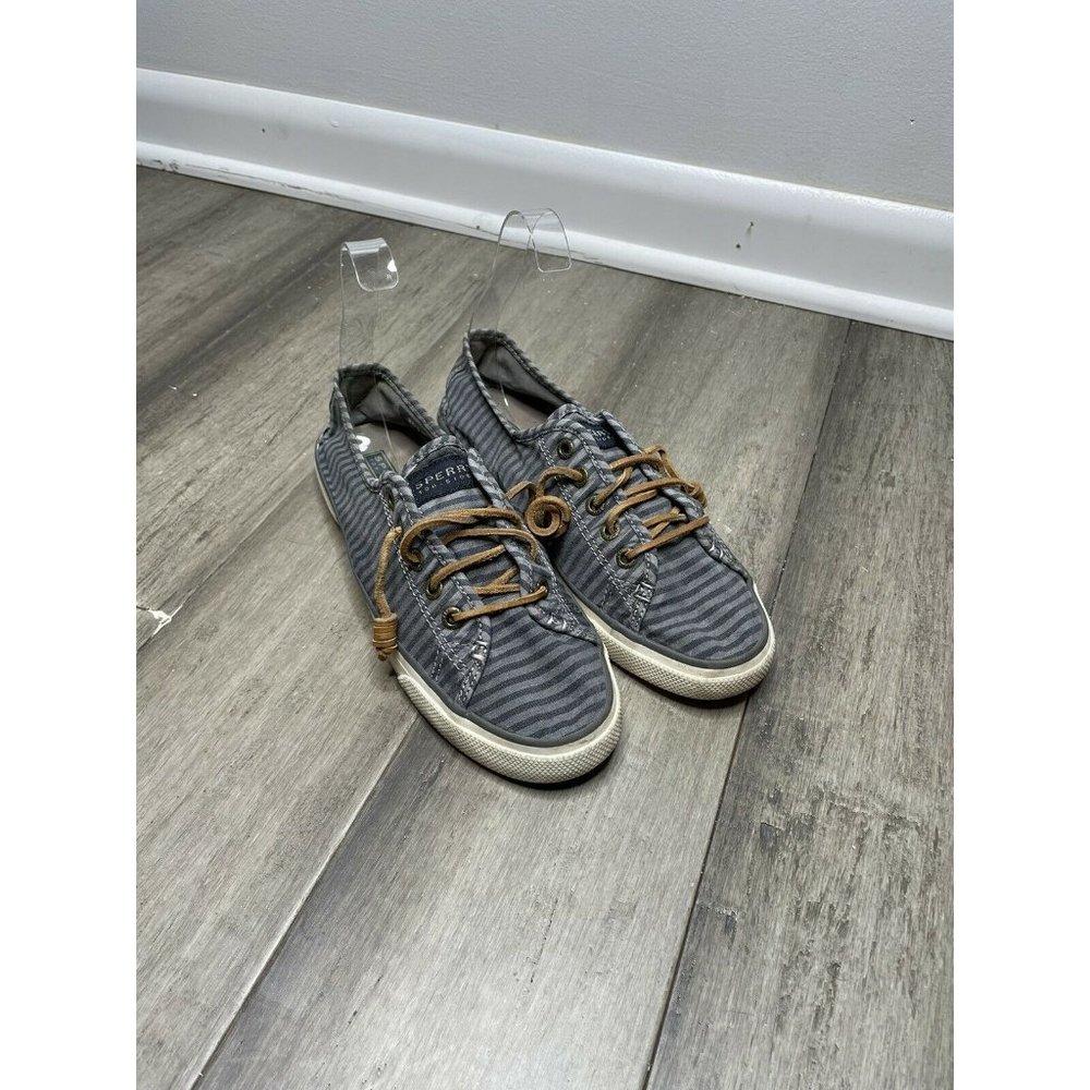 Sperry Women's Seacoast Stripe sneakers blue grey shoes, Brown Leather Laces 8